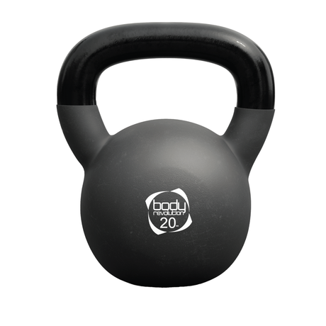 Schwarze 20 kg Neopren-Kettlebell mit ergonomischem Griff, runder Form und glatter Oberfläche, ideal für Krafttraining und Fitnessübungen