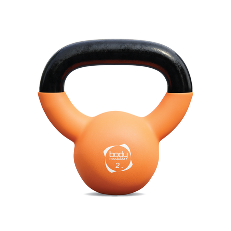 2 kg Kettlebell mit orangefarbener Neoprenbeschichtung, schwarzem Griff, runder Form und rutschfester Oberfläche für sicheres Training