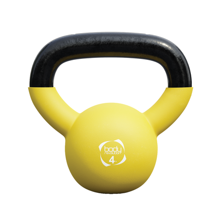 Gelbe 4 kg Neopren-Kettlebell mit schwarzem Griff, runde Form, rutschfeste Oberfläche, ideal für Krafttraining und Fitnessübungen