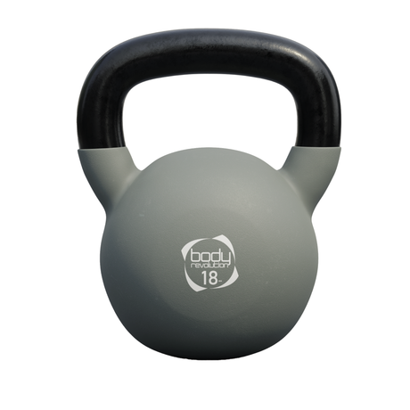 Graue 18 kg Neopren-Kettlebell mit schwarzem Griff, runde Form, rutschfeste Oberfläche, ideal für Krafttraining und Fitnessübungen