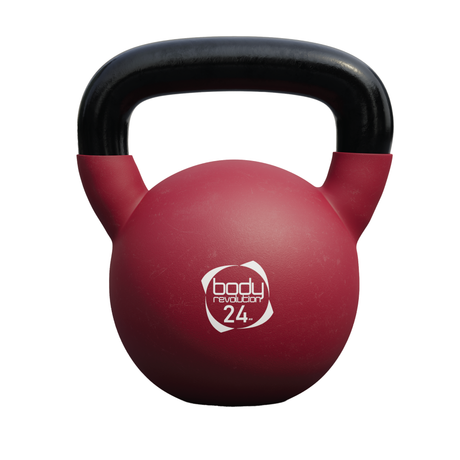 Rote 24 kg Neopren-Kettlebell mit schwarzem Griff, runde Form, matte Oberfläche und auffälligem Logo für effektives Training