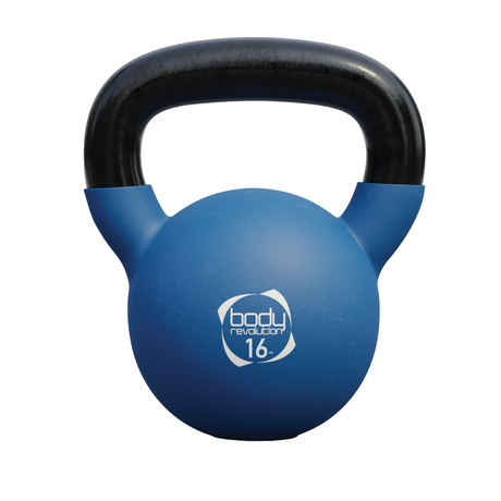 Neopren-Kettlebell in Blau mit schwarzem Griff, 16 kg schwer, ideal für Krafttraining und Fitnessübungen, rutschfeste Oberfläche für sicheren Halt