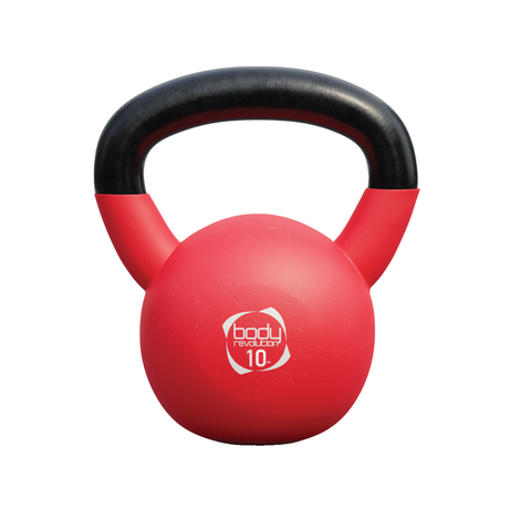 Rote Neopren-Kettlebell mit schwarzem Griff, 10 kg schwer, runde Form, griffige Oberfläche, ideal für Krafttraining und Fitnessübungen