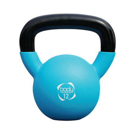 Kettlebell in leuchtendem Blau mit schwarzem Griff, 12 kg schwer, aus strapazierfähigem Neopren für besseren Grip und Schutz des Bodens
