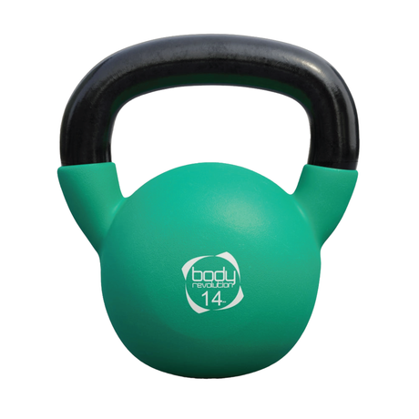 Grüne Neopren Kettlebell mit schwarzem Griff, 14 kg schwer, runde Form, rutschfeste Oberfläche für sicheren Halt während des Trainings