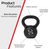 Gusseisen-Kettlebell mit 6 kg, schwarzer, robuster Körper, großer, komfortabler Griff und flachem Boden, ideal für sicheres Training und Bodenschutz