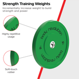 Grüner 10 kg Bumper Plate aus weichem Gummi, ideal für Krafttraining, mit prägnantem "Body Revolution"-Logo und robuster Bauweise
