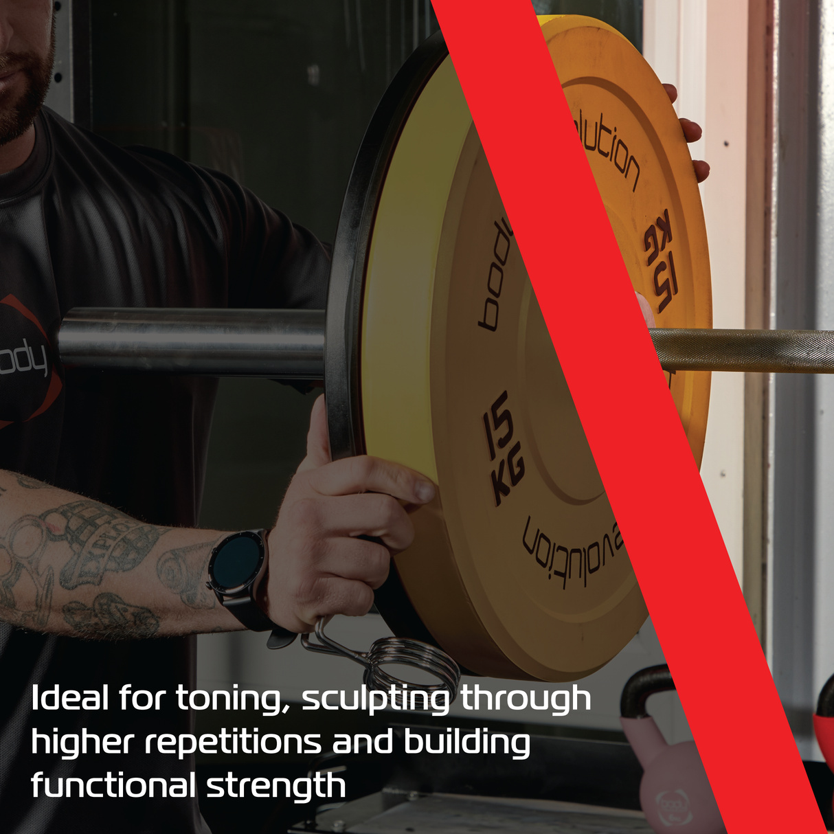 Bunte 15 kg Bumper Plates in Gelb und Schwarz, ideal für Krafttraining, mit rutschfester Oberfläche und robustem Material für optimale Leistung