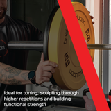 Bunte 15 kg Bumper Plates in Gelb und Schwarz, ideal für Krafttraining, mit rutschfester Oberfläche und robustem Material für optimale Leistung