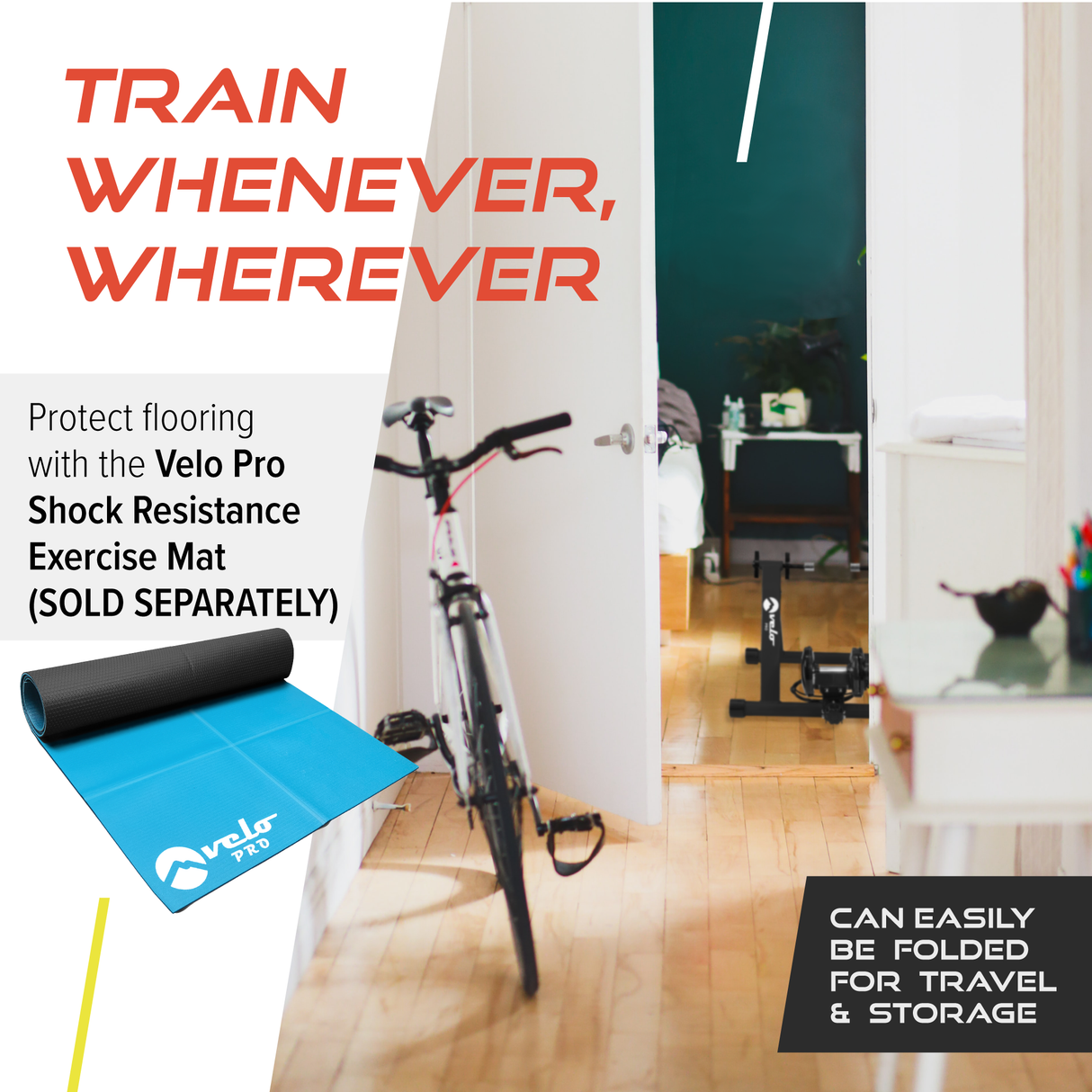 Silberner Velo Pro magnetischer Turbo Trainer mit einem stabilen Rahmen, platziert in einem hellen Raum mit Holzfußboden und Fitnessmatte