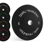 Schwarzes Olympisches Bumper-Scheiben Set von Body Revolution mit verschiedenen Gewichtsscheiben, klar lesbarem Logo und robustem Gummi-Material