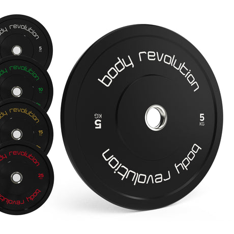 Schwarzes Olympisches Bumper-Scheiben Set von Body Revolution mit verschiedenen Gewichtsscheiben, klar lesbarem Logo und robustem Gummi-Material