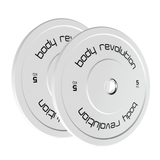 Zwei 5 kg olympische Bumper Plates in Weiß mit schwarzem Schriftzug "Body Revolution", ideal für Krafttraining und Fitnessübungen