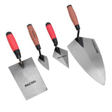 Vierteilige Kellenset mit ergonomischen roten und schwarzen Griffen, aus rostfreiem Stahl, ideal für präzise Mörtel- und Putzarbeiten