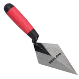 Kellenwerkzeug mit rotem, rutschfestem Griff und glänzender, spitz zulaufender Klinge aus Edelstahl, ideal für präzise Mörtel- und Zementarbeiten