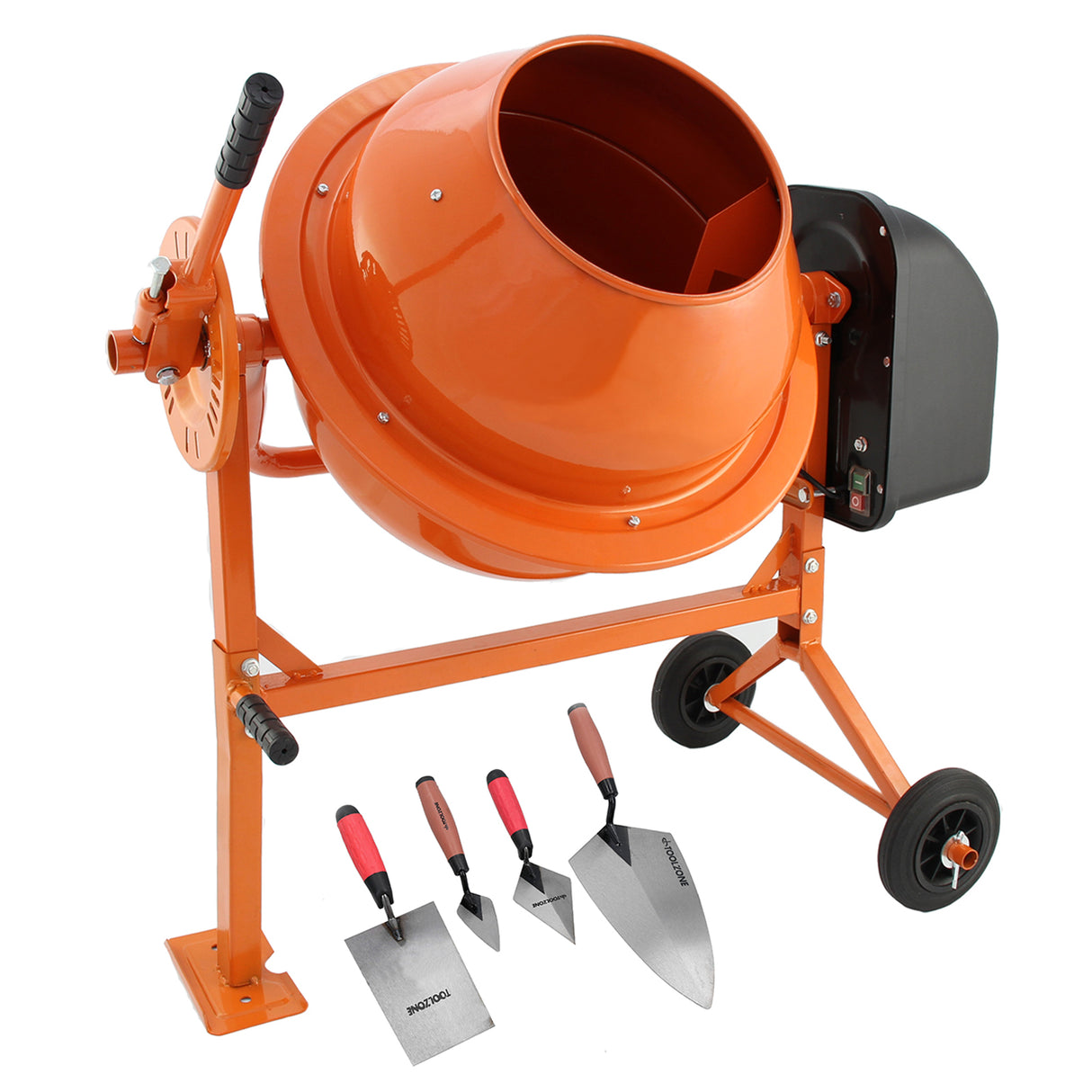 70-Liter-Elektro-Zementmischer in leuchtendem Orange mit stabiler Metallbasis und Kellenset in silber und rot für vielseitige Bauprojekte