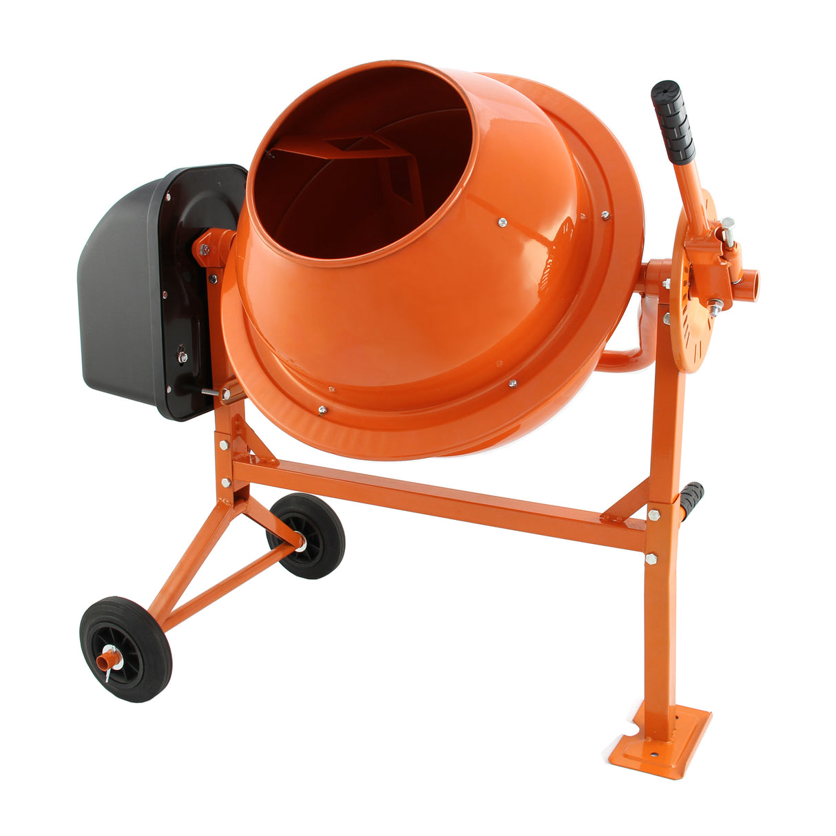 70-Liter-Elektro-Zementmischer in leuchtendem Orange mit robustem Metallrahmen, großen Rädern und einem praktischen Kellenset für einfache Handhabung
