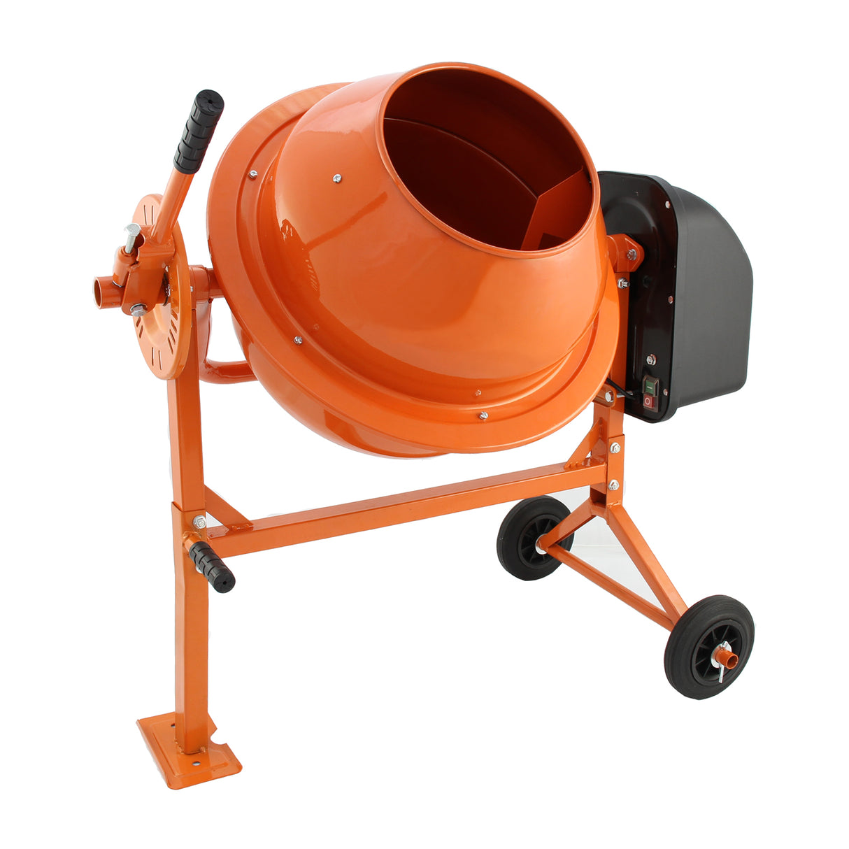 70-Liter-Elektro-Zementmischer in leuchtendem Orange mit stabiler Metallbasis und praktischen Rädern für einfache Mobilität, inklusive Kellenset