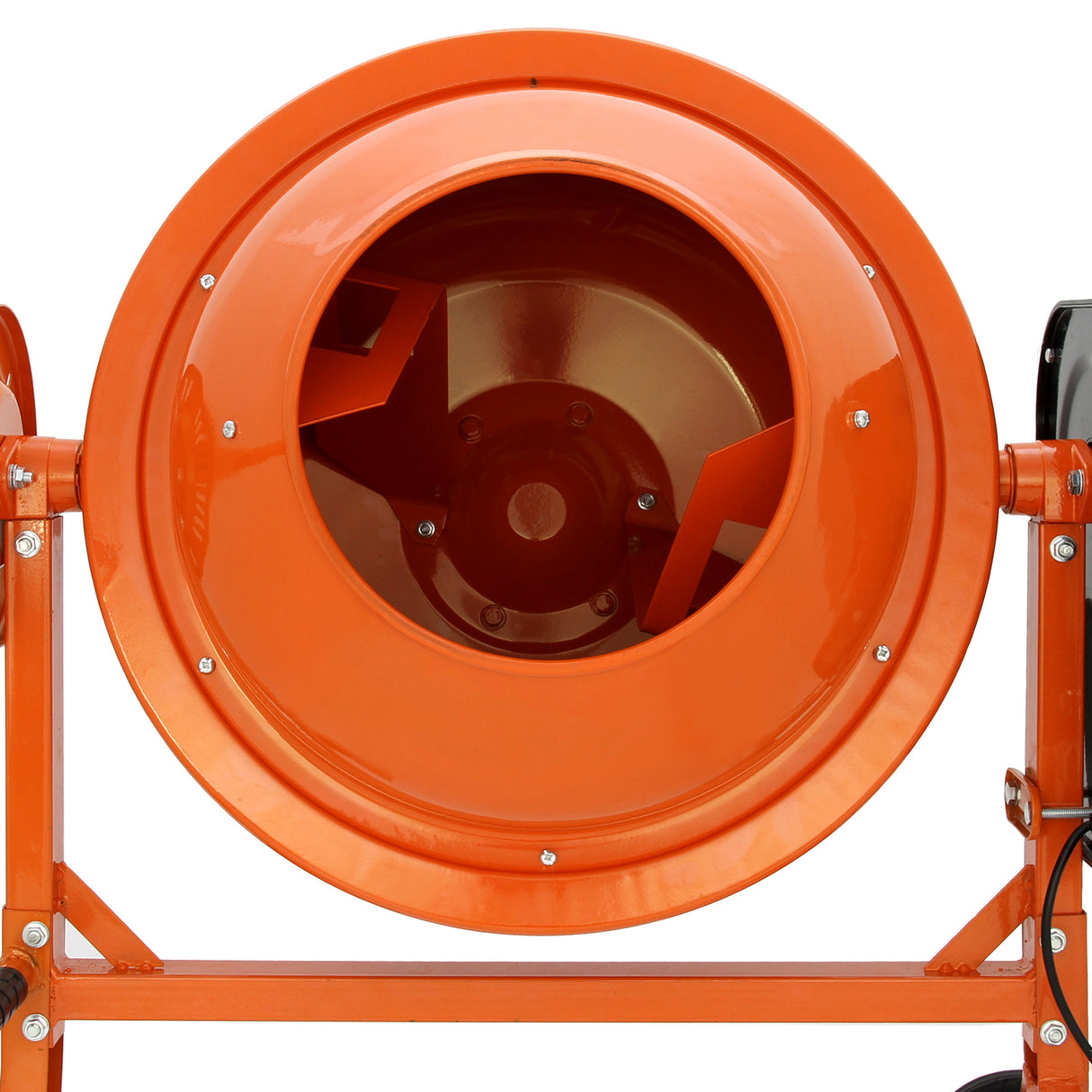 Der 70-Liter-Elektro-Zementmischer von T-Mech in leuchtendem Orange mit glattem, glänzendem Innenraum und robusten Mischflügeln für effizientes Arbeiten