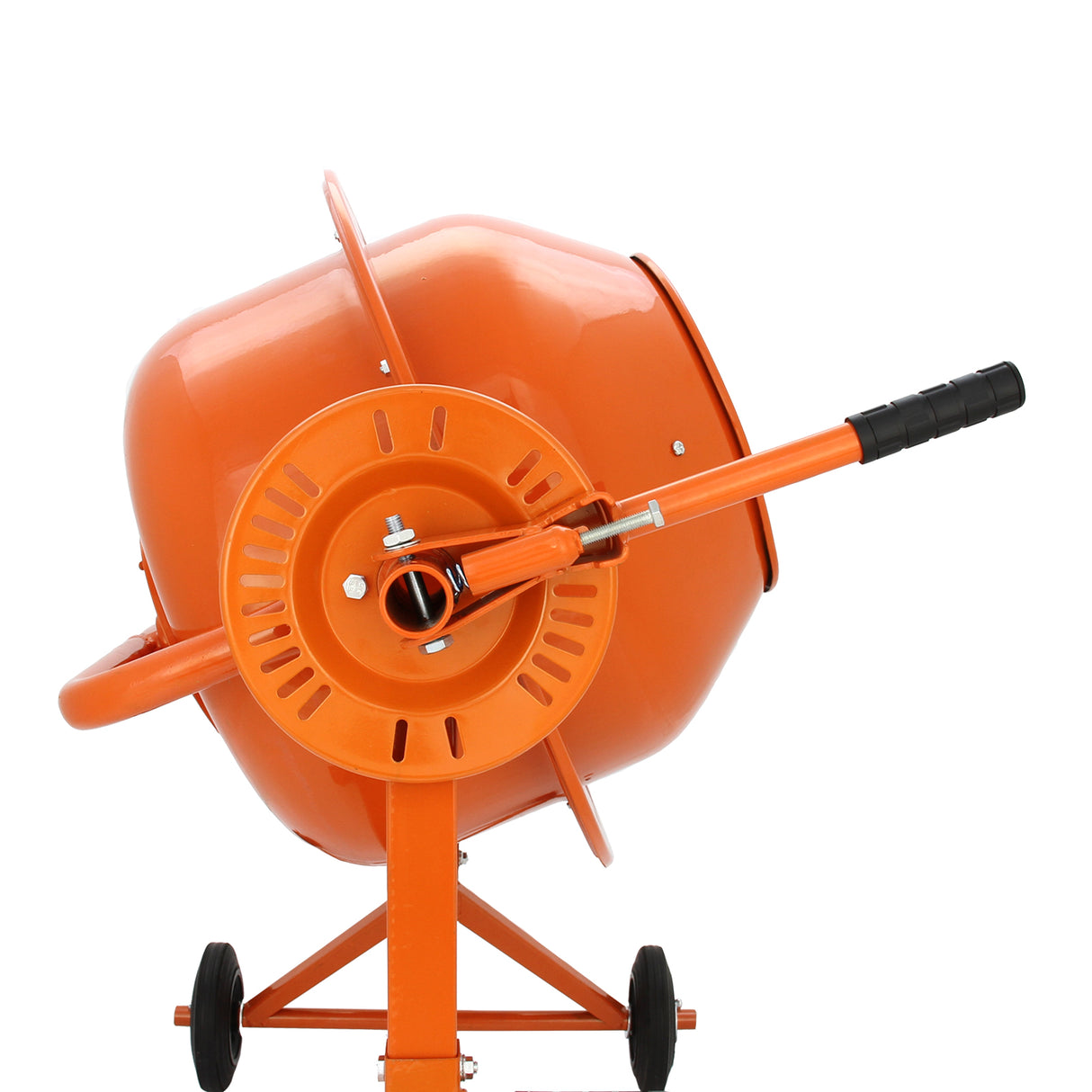 70-Liter-Elektro-Zementmischer in leuchtendem Orange mit robustem Metallrahmen, drehbarem Behälter und praktischen Rädern für einfache Mobilität