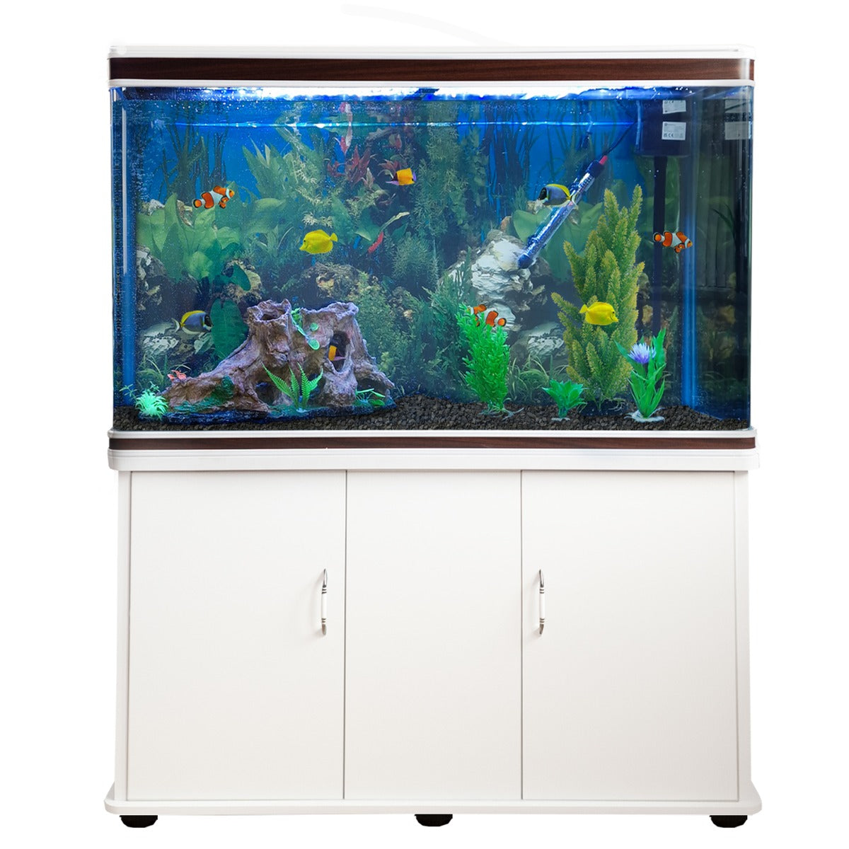 Aquarium Komplettset mit weißem Unterschrank & schwarzem Kies