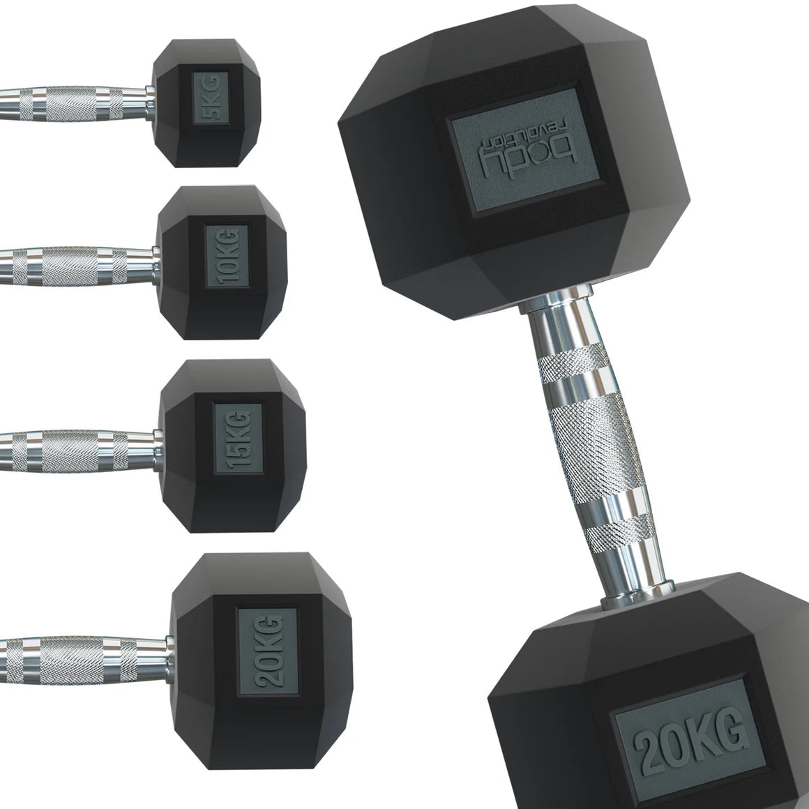 Schwarze Hex-Hanteln mit silbernem Griff, gewichtet von 2,5 kg bis 22,5 kg, ideal für Krafttraining und Fitnessübungen