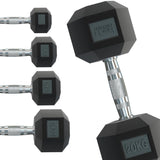 Schwarze Hex-Hanteln mit silbernem Griff, gewichtet von 2,5 kg bis 22,5 kg, ideal für Krafttraining und Fitnessübungen