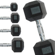 Schwarze Hex-Hanteln in verschiedenen Gewichten von 5 kg bis 30 kg, mit rutschfestem Griff und robustem, mattem Finish für effektives Training