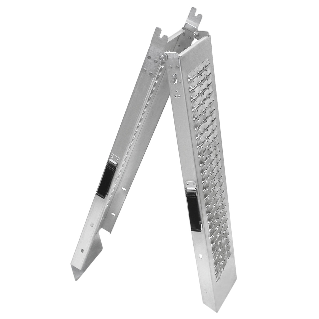 Faltbare Motorradrampen aus robustem Aluminium, silberfarben, mit rutschfester Oberfläche und stabiler Konstruktion für sicheres Be- und Entladen