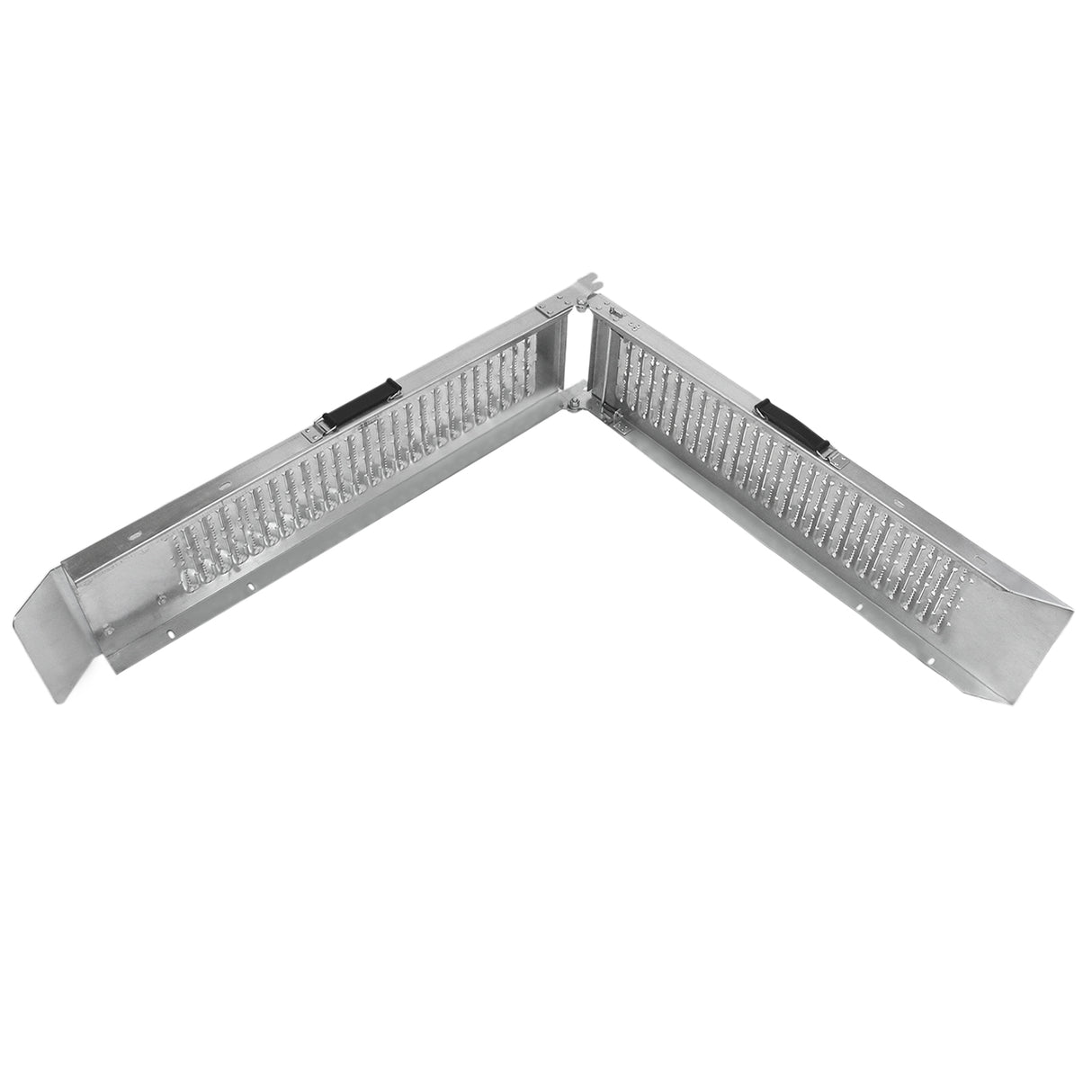 Faltbare Motorradrampen aus robustem Aluminium, silberfarben, mit rutschfester Oberfläche und stabiler Konstruktion für sicheres Be- und Entladen