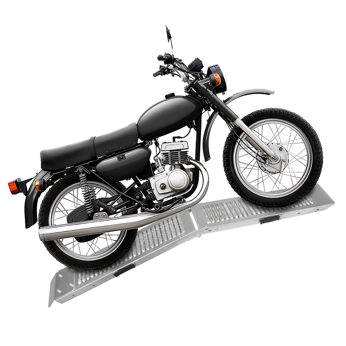 Faltbare Motorradrampen aus robustem Aluminium, silberfarben, mit rutschfester Oberfläche, ideal zum sicheren Auf- und Abfahren von Motorrädern