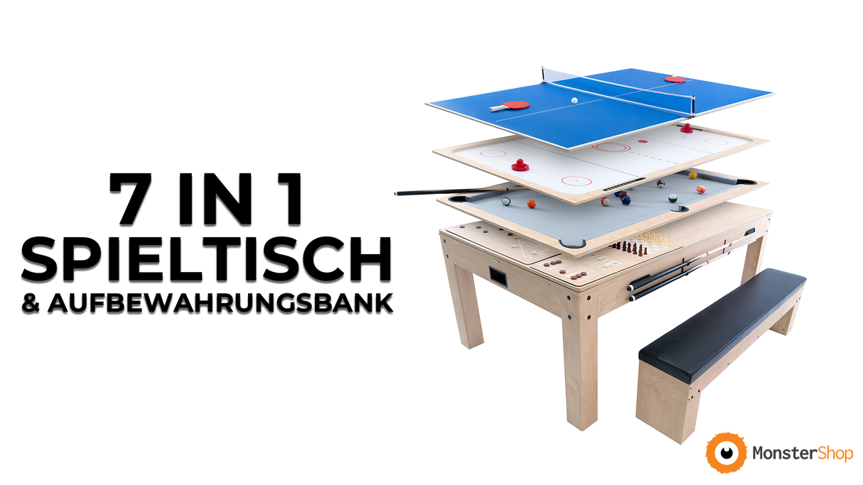 7 In 1 Spieltisch & 2x Sitzbänke mit Stauraum - Eiche