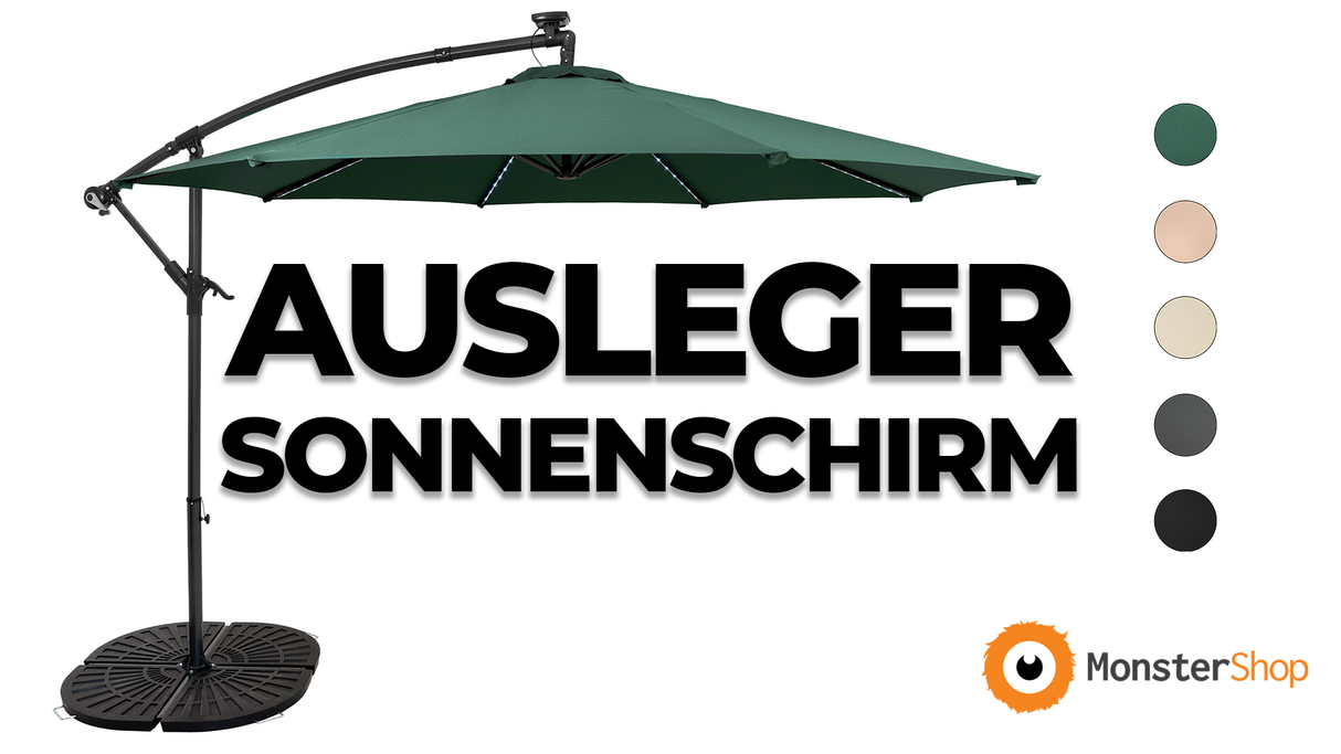 LED Ausleger-Sonnenschirm 3m mit Beschwerungsfuß - Grau
